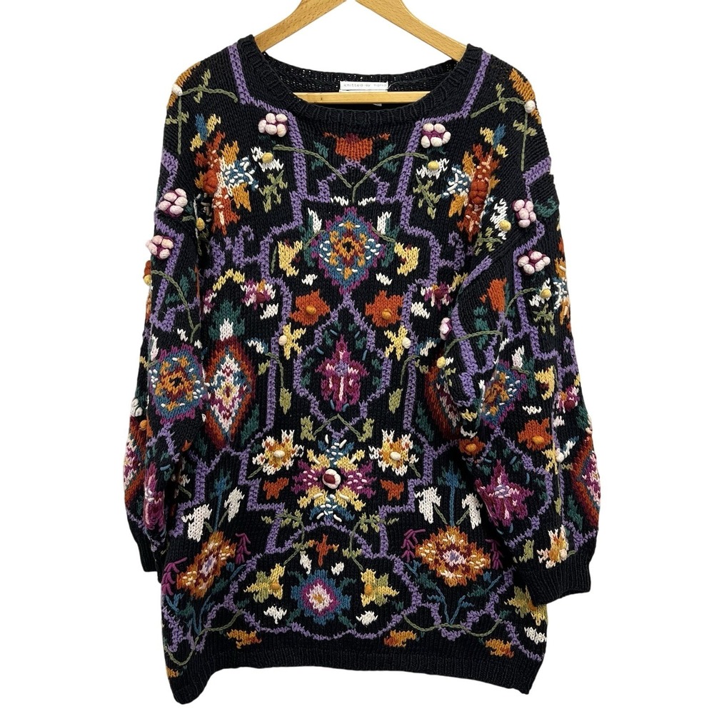 Jennifer Reed Sweater Womens Large Black Floral Hand Knit Popcorn 3D Vintage